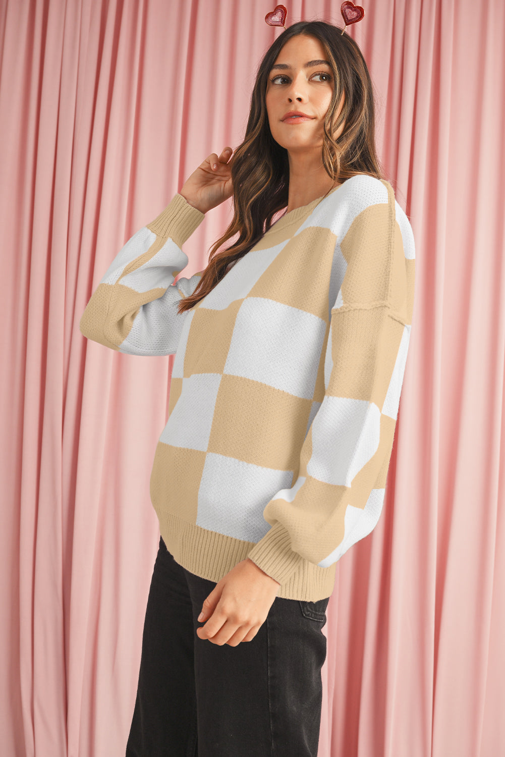 Orange & White Plaid Exposed Seam Bishop Sleeve Sweater
