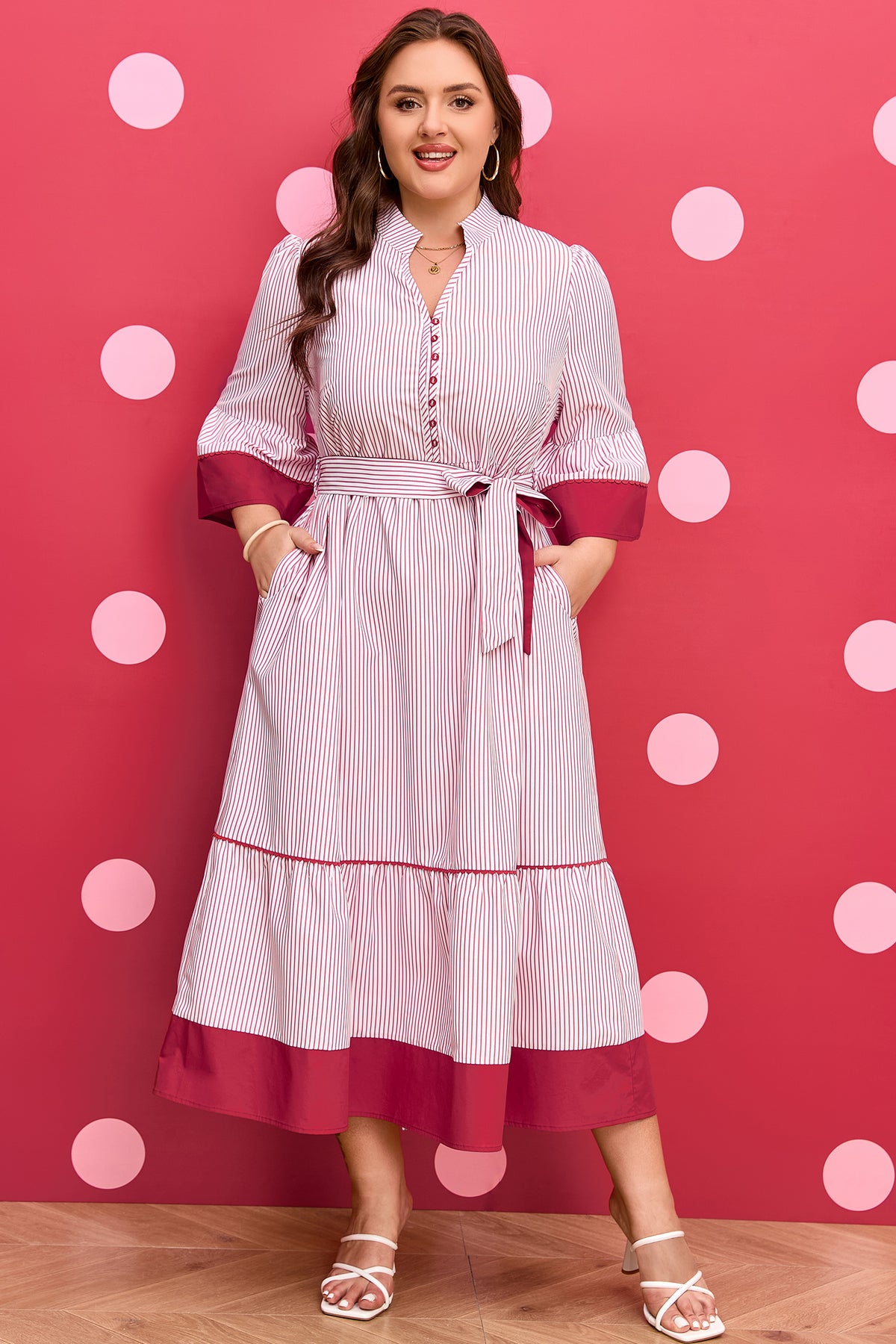 Red Stripe Plus Size Ruffled Hem Pinstriped Midi Dress