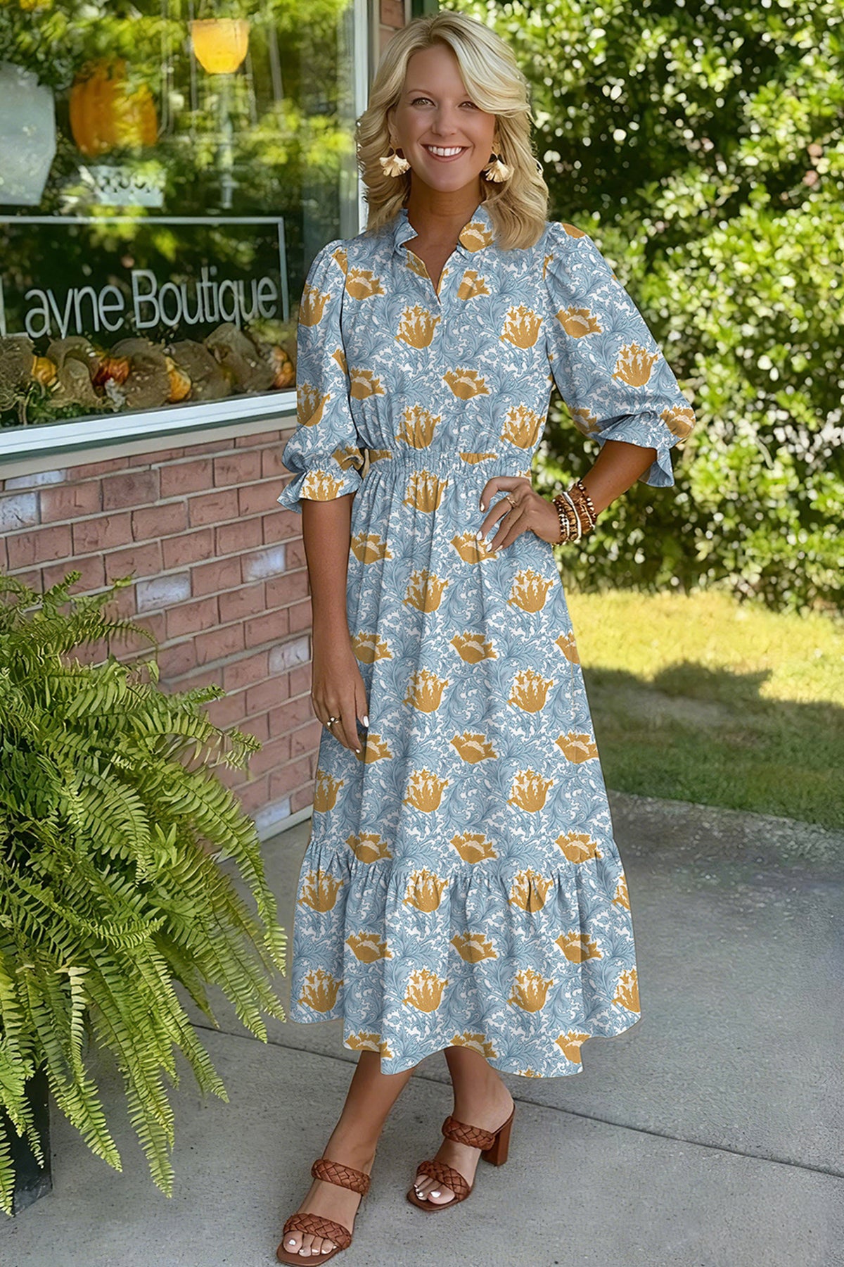 Brown Floral Printed Frilled V Neck Bracelet Sleeve Long Dress