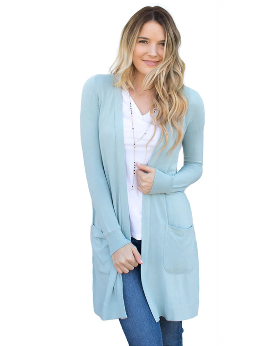 Tickled Teal Women’s Soft Long Sleeve Pocket Cardigan (Slate Blue L)