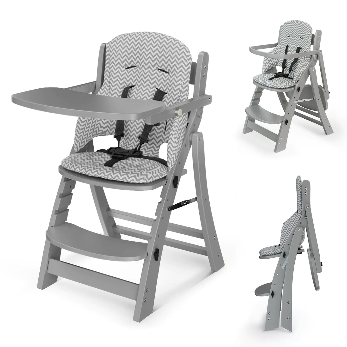 TOETOL Foldable High Chairs for Babies and Toddlers with Adjustable Height and Foot Rest Bamboo Wood Baby Feeding Eating Chair for Dining with Foldable Tray(Grey)