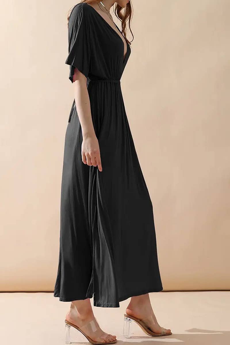 V-Neck Short Sleeve Back Bow Empire Dress