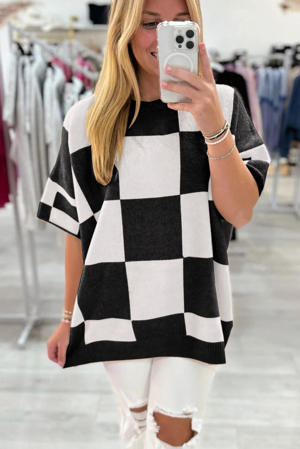 Light French Beige Checkered Pattern Loose Short Sleeve Sweater