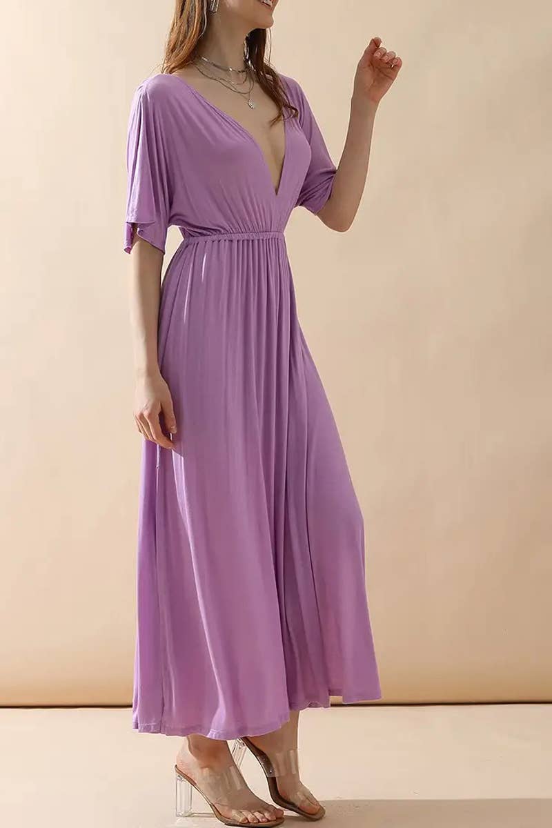 V-Neck Short Sleeve Back Bow Empire Dress