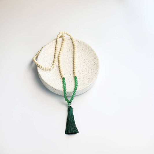 $2.97 Closeout Boho Wood Bead, Tassel Necklace Green/Cream