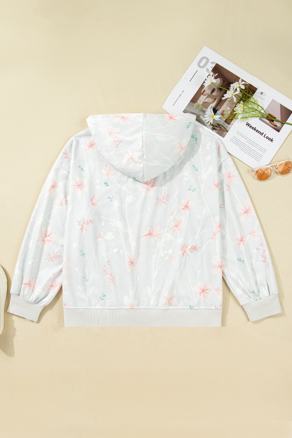 Gray Floral Print Plus Size Loose Hoodie