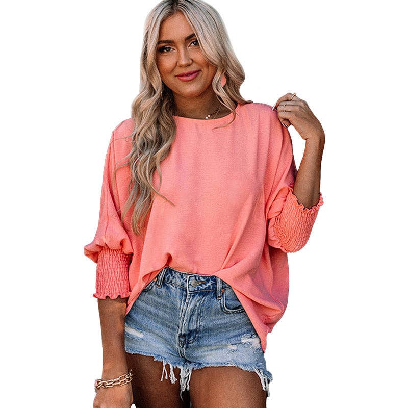 Women's Loose Round Neck 3/4 Sleeve Smocked Cuff Blouse