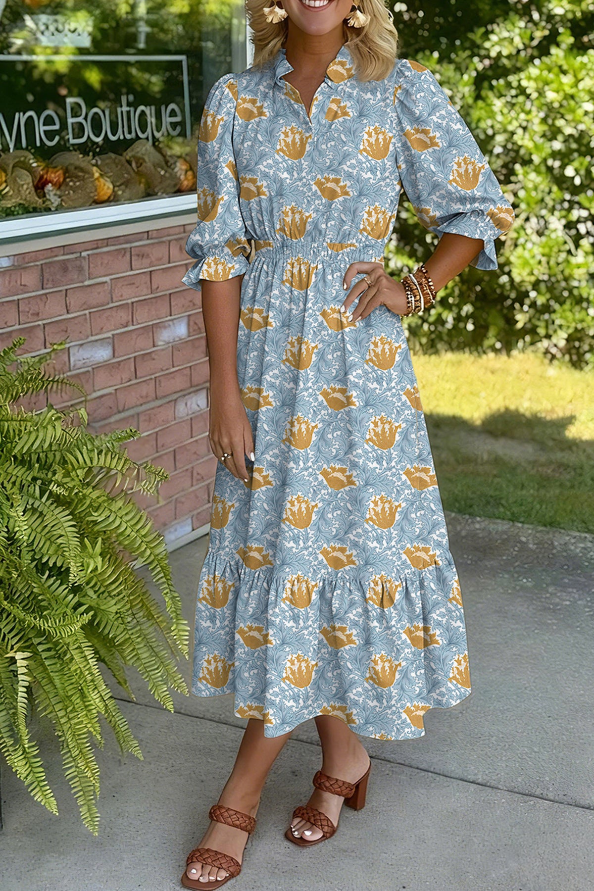 Brown Floral Printed Frilled V Neck Bracelet Sleeve Long Dress