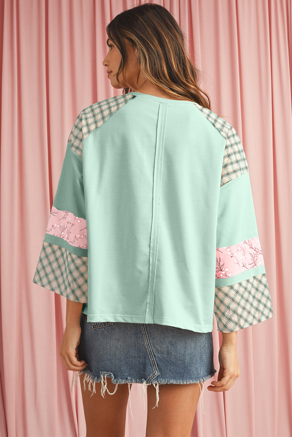 Beige Plaid Floral Patchwork Heart Long Sleeve Top