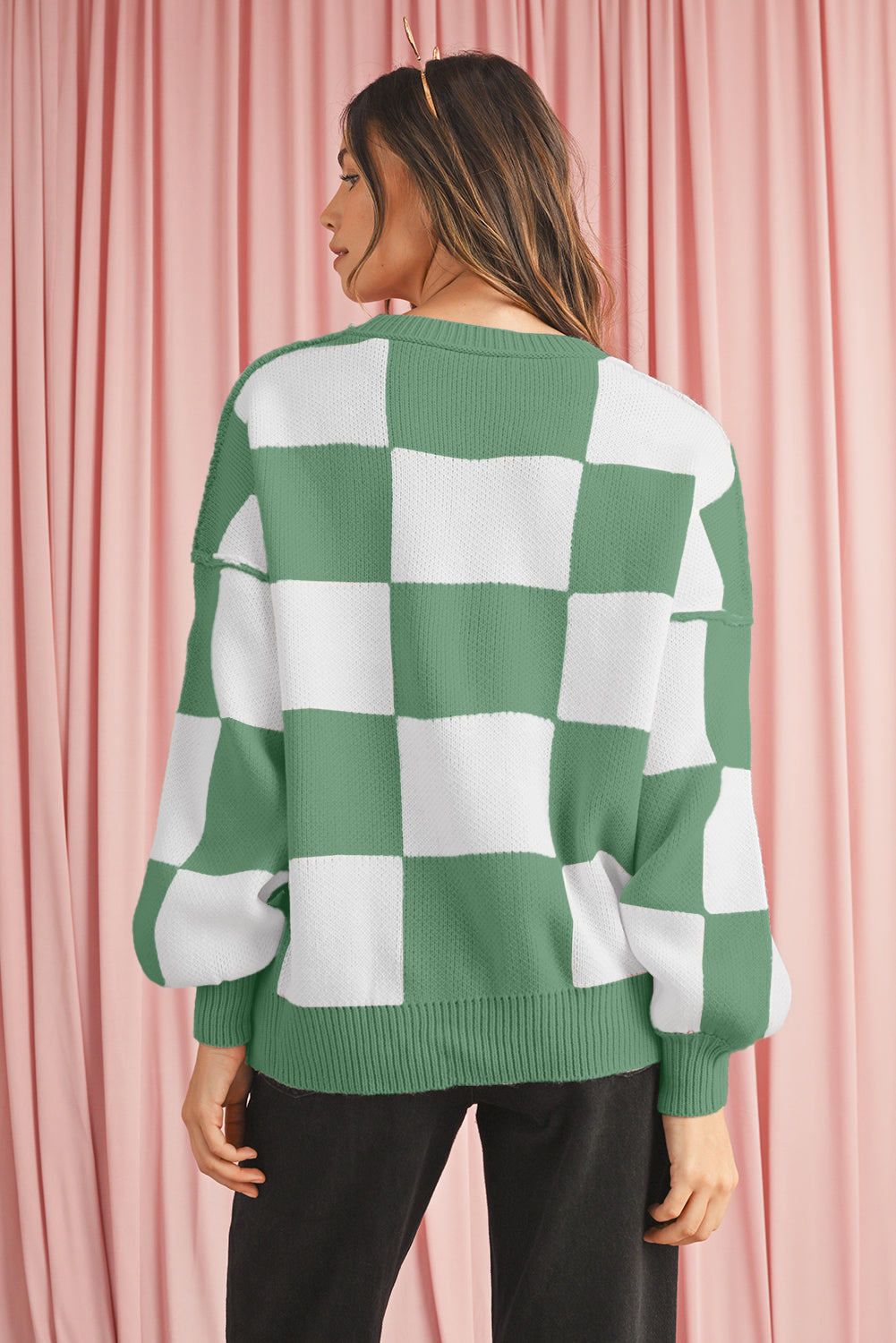 Orange & White Plaid Exposed Seam Bishop Sleeve Sweater