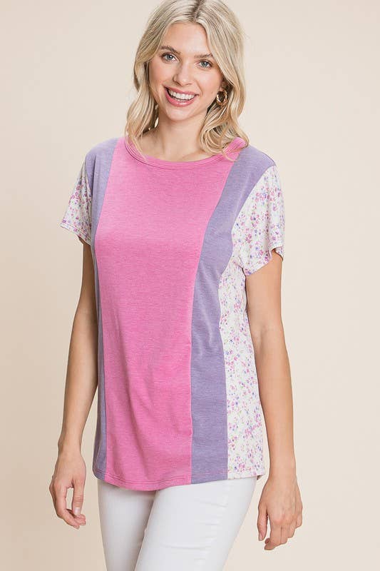 ETK-8517 Floral Color Block Casual Top