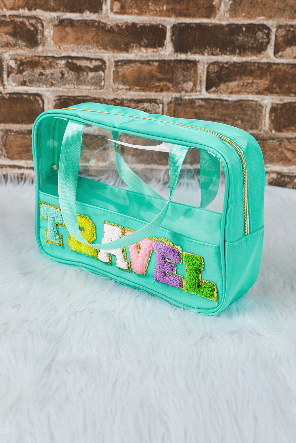 Mint Green TRAVEL Chenille Letter Clear PVC Makeup Bag
