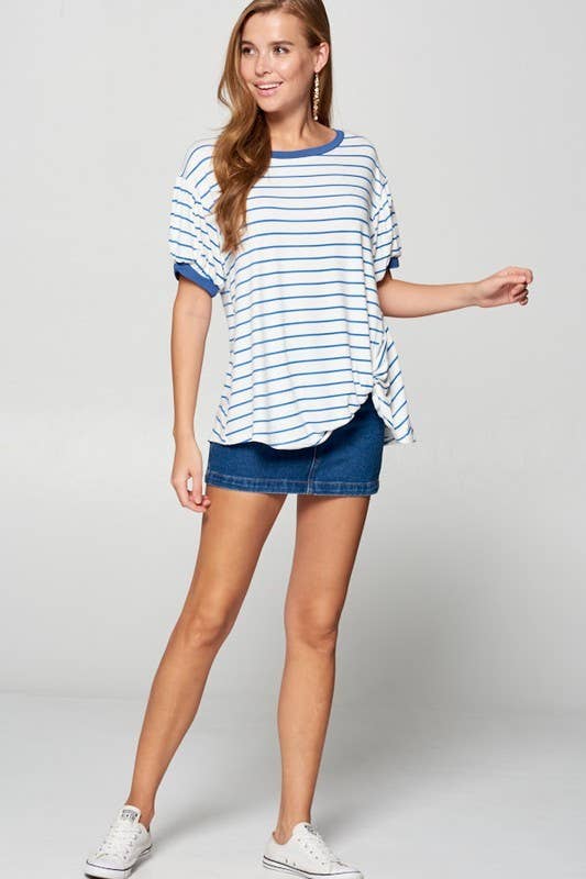 ETK-7615 Striped Bubble Sleeve Side Twist Top