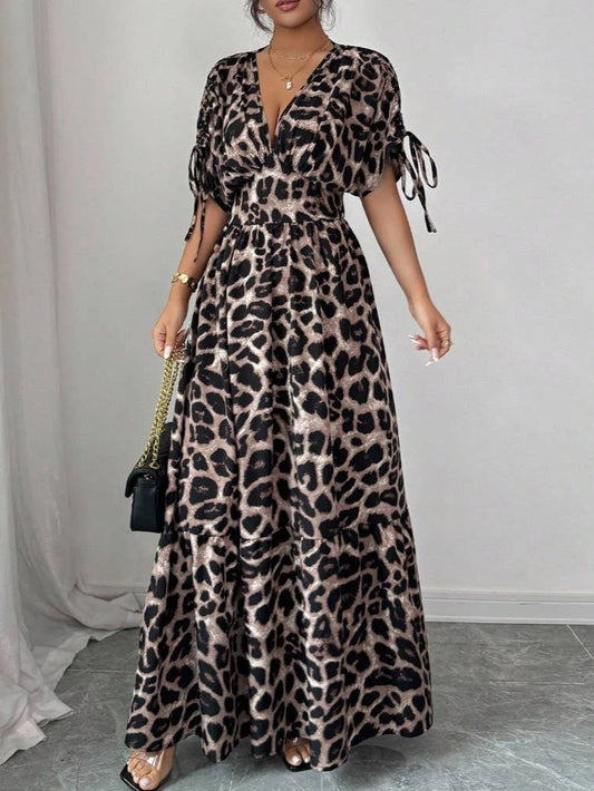 Elegant Tie Sleeve Detail Leopard Print V-Neck Dress