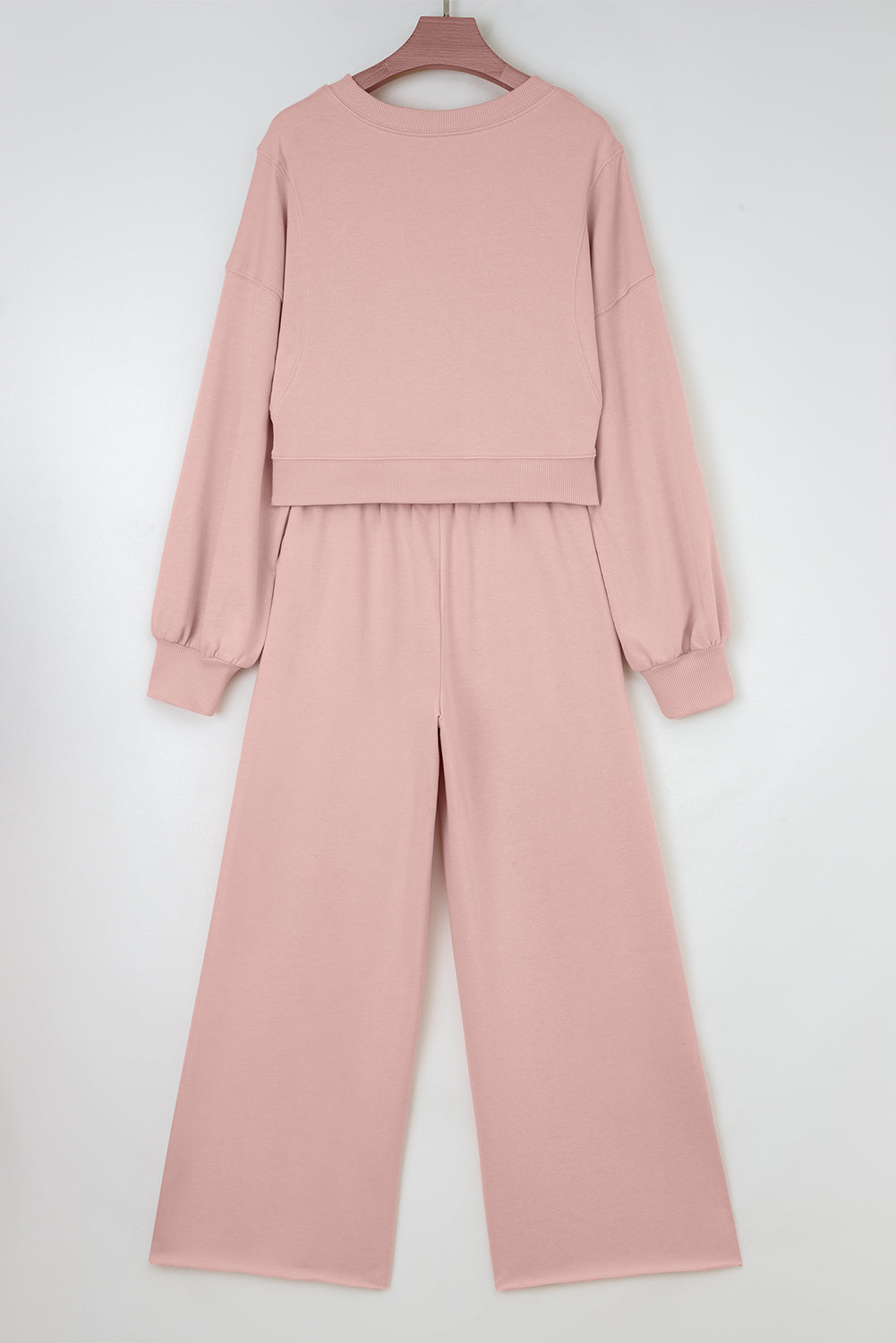 Light Pink Drop Shoulder Crop Pullover Drawstring Wide Leg Pants Set