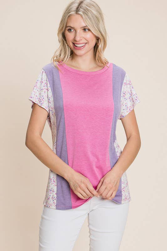ETK-8517 Floral Color Block Casual Top