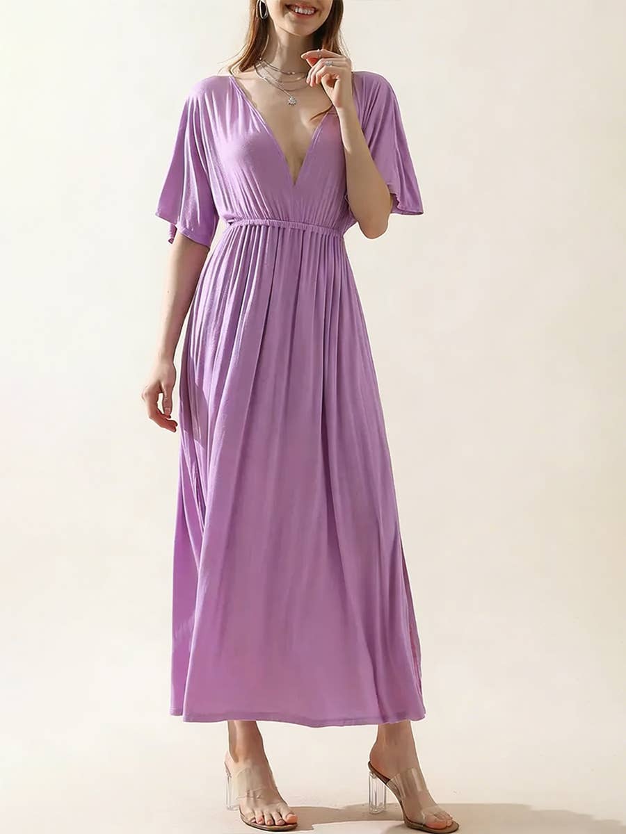 V-Neck Short Sleeve Back Bow Empire Dress