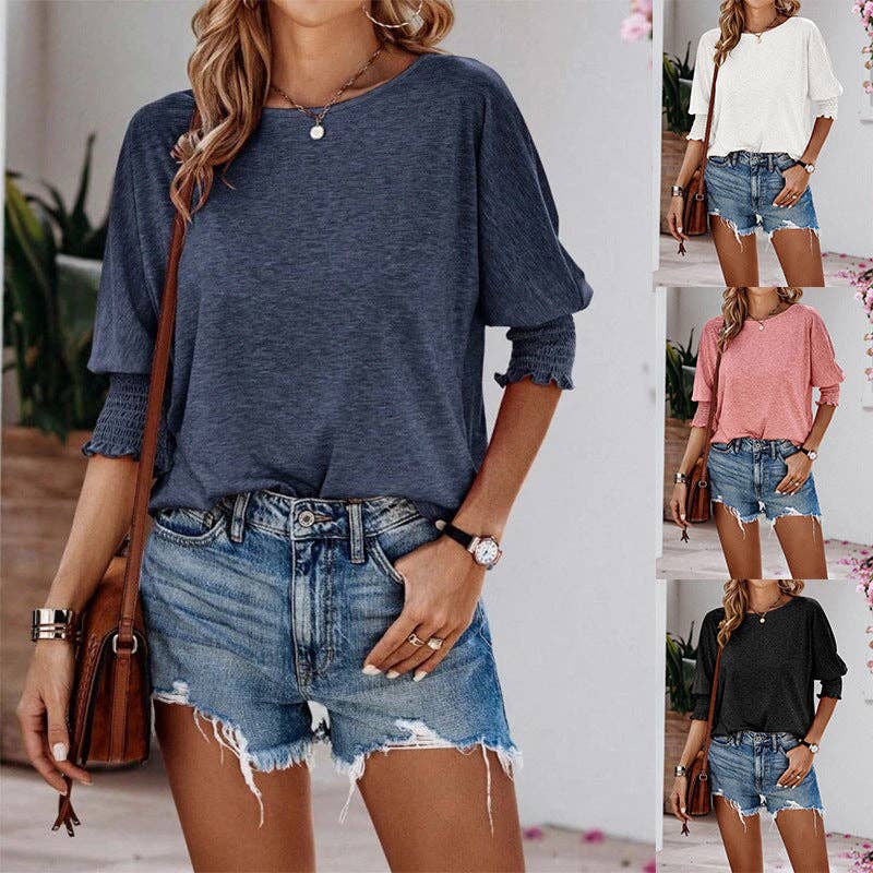 Women's Round Neck Smocked Cuff 3/4 Sleeve Casual Top