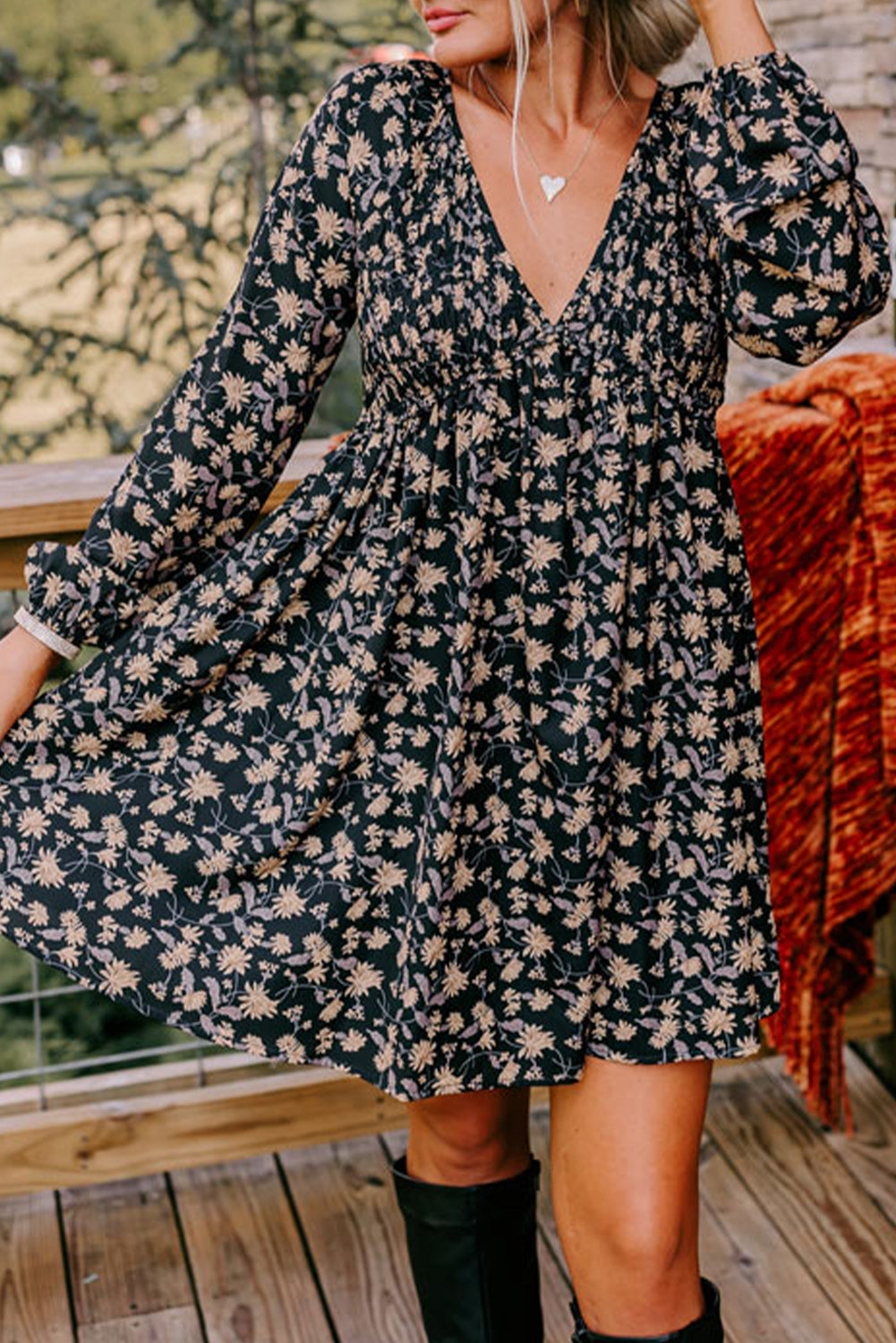 Beige Floral Smocked V Neck Bubble Sleeve Babydoll Dress