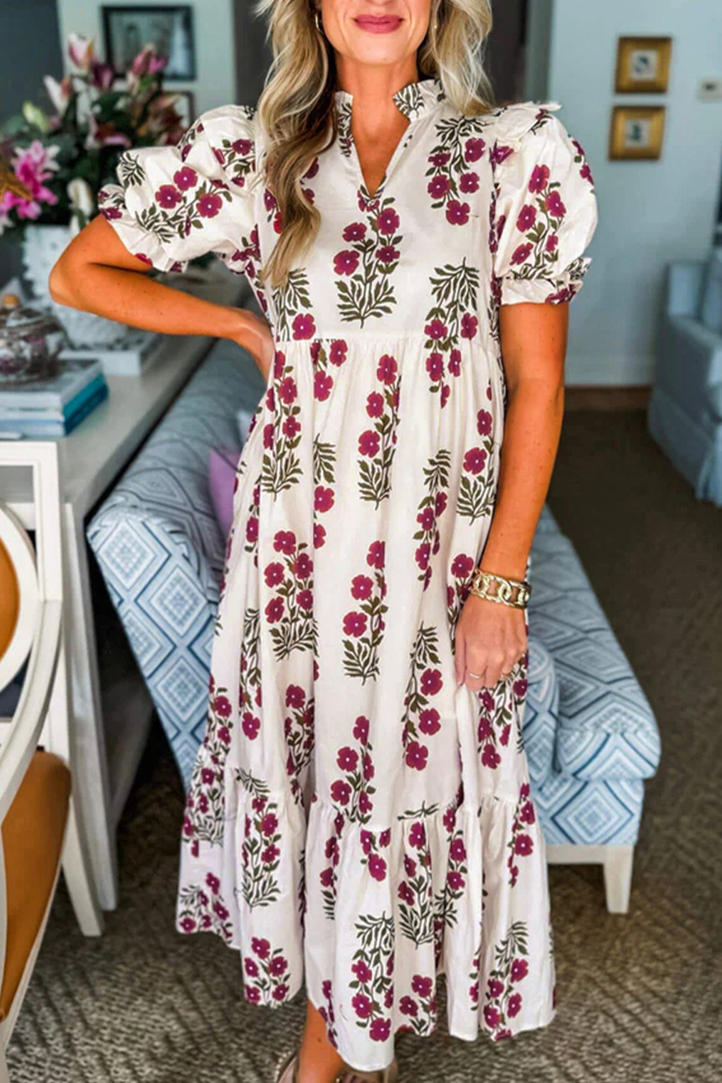 Black Floral Short Bubble Sleeve Tiered Maxi Dress