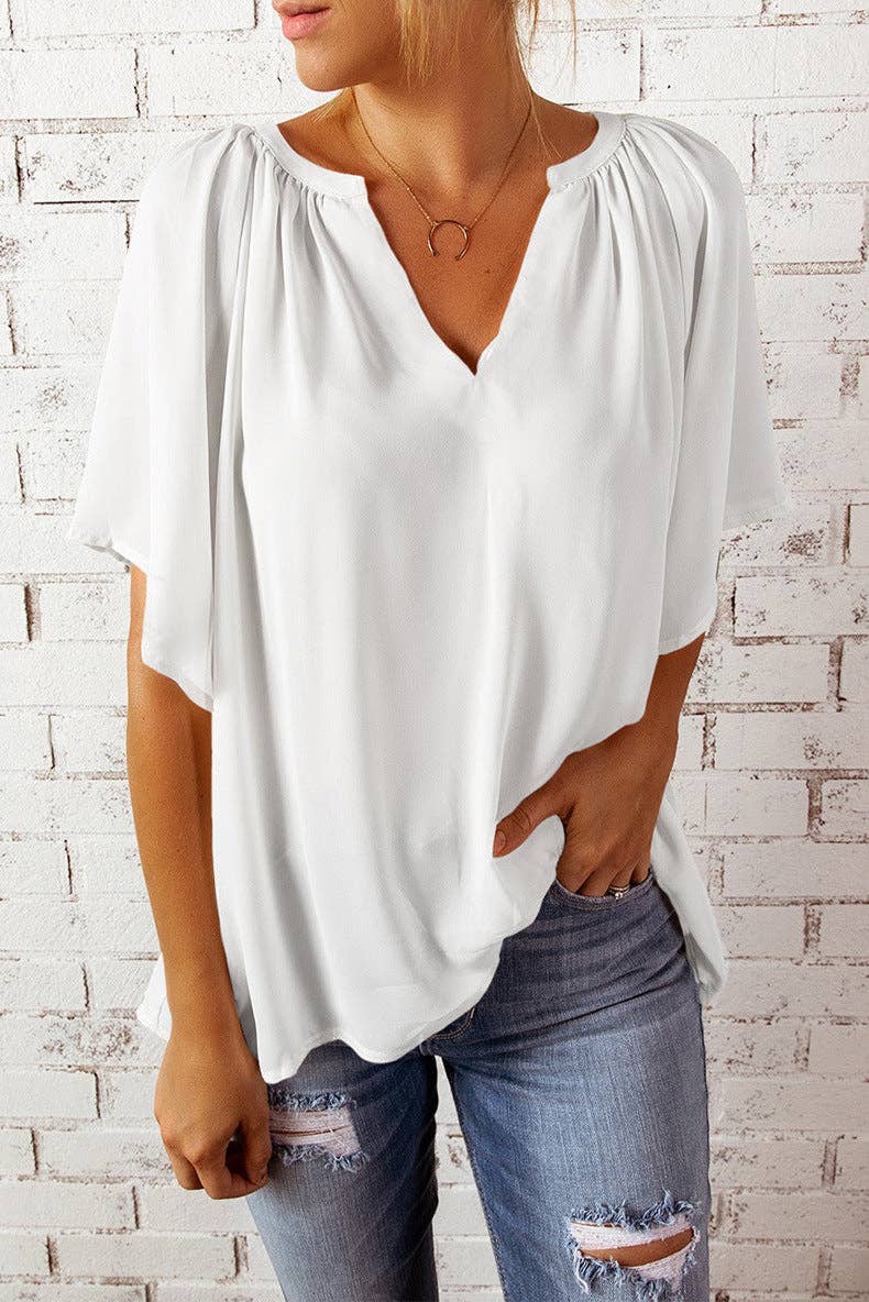 Women's V-Neck Flutter Sleeve Loose Chiffon Blouse