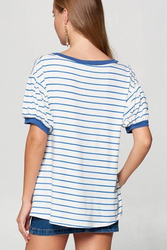 ETK-7615 Striped Bubble Sleeve Side Twist Top