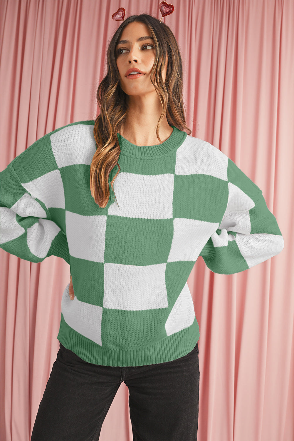 Orange & White Plaid Exposed Seam Bishop Sleeve Sweater