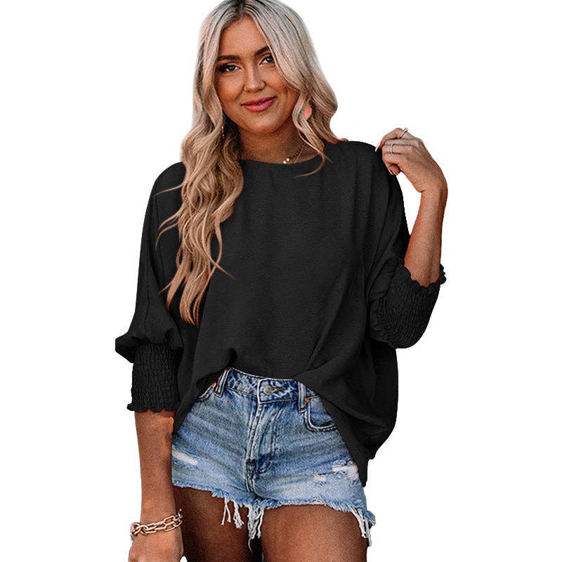 Women's Loose Round Neck 3/4 Sleeve Smocked Cuff Blouse