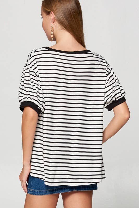 ETK-7615 Striped Bubble Sleeve Side Twist Top