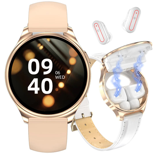 Smart Watches with Earbuds for Women 1.27" Fitness Tracker Smartwatch for iPhone/Android Compatible(2 Watch Bands) Waterproof Watch Fitness Watches with Earbuds Sleep/Heart Rate/Female Cycle Gold