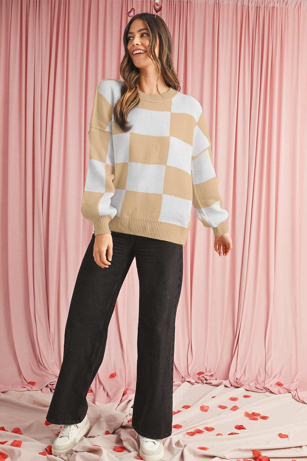 Orange & White Plaid Exposed Seam Bishop Sleeve Sweater