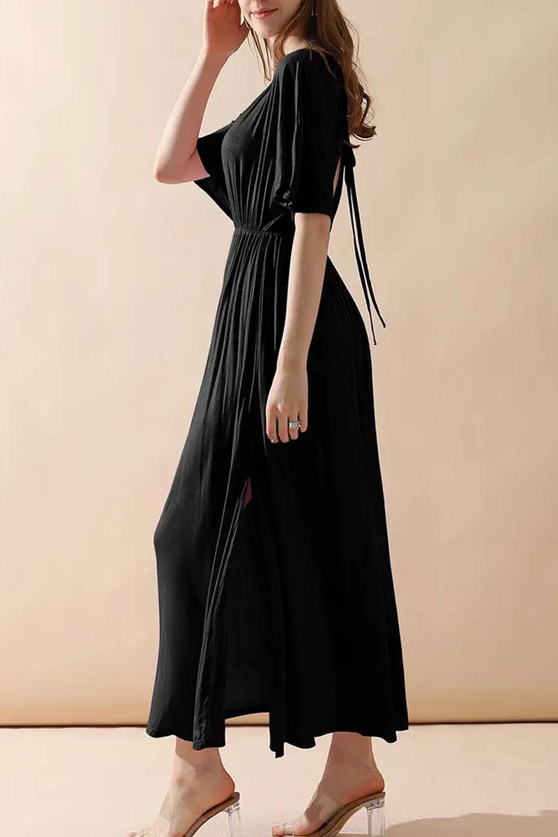 V-Neck Short Sleeve Back Bow Empire Dress