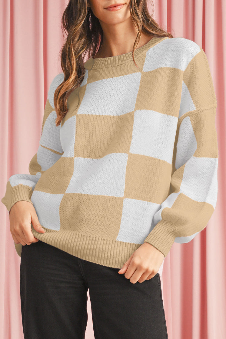 Orange & White Plaid Exposed Seam Bishop Sleeve Sweater