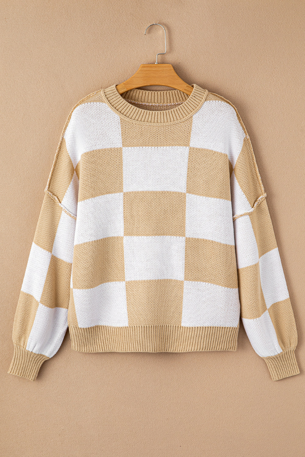 Orange & White Plaid Exposed Seam Bishop Sleeve Sweater