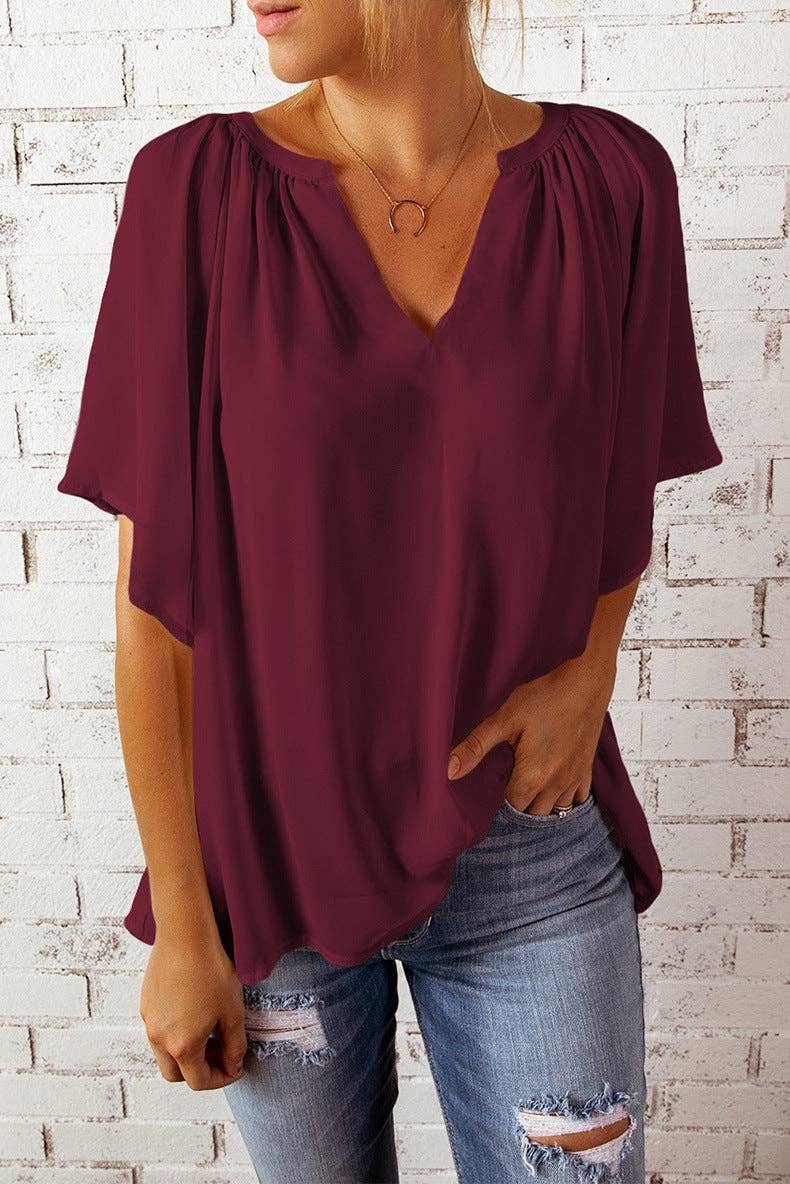 Women's V-Neck Flutter Sleeve Loose Chiffon Blouse
