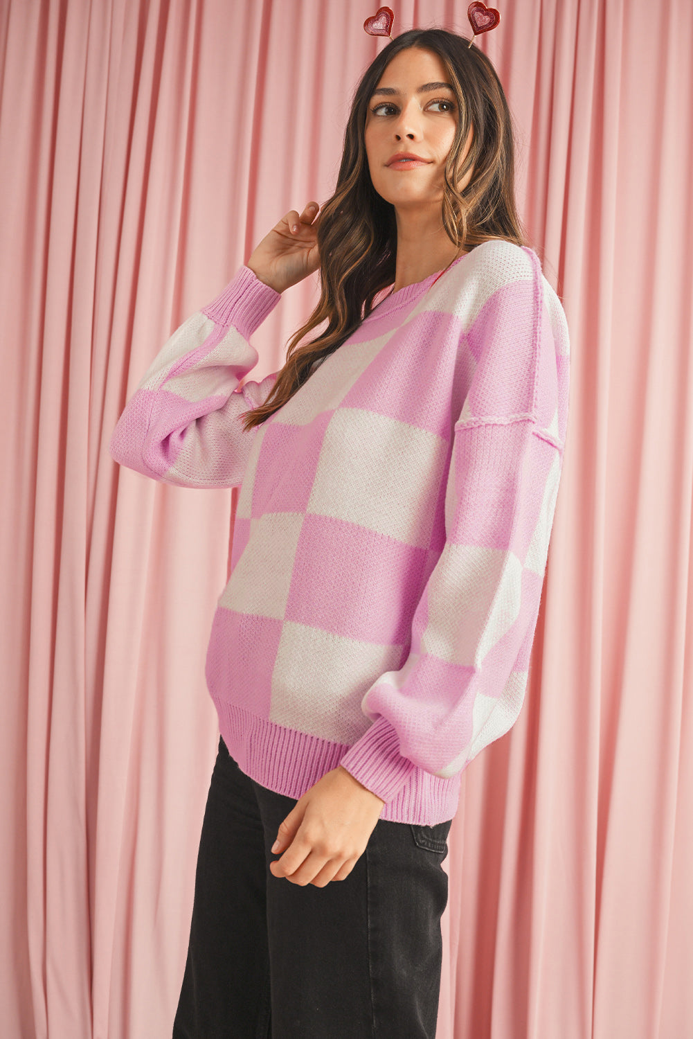 Orange & White Plaid Exposed Seam Bishop Sleeve Sweater
