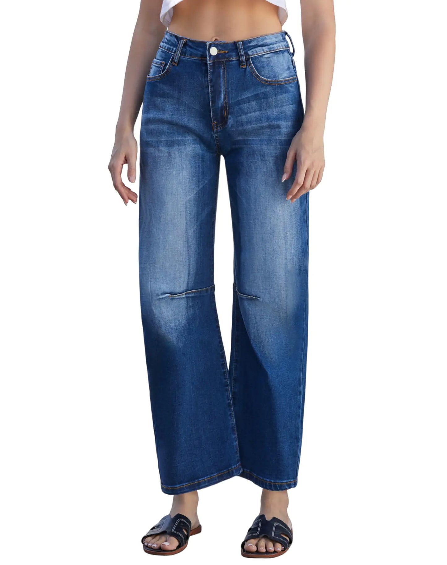Queenwin Women’s Barrel Jeans High Waisted Ankle Horseshoe Stretchy Ankle Denim Pants Blue Large