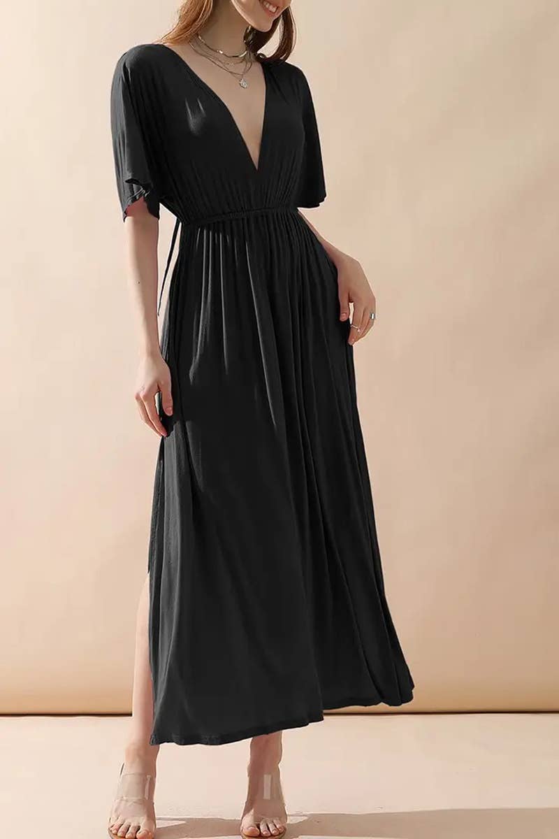 V-Neck Short Sleeve Back Bow Empire Dress