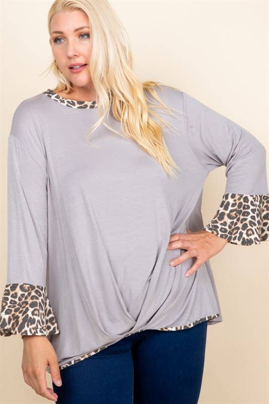 ETK-8183-PL Plus Size Animal Contrast Gathered Hem Top