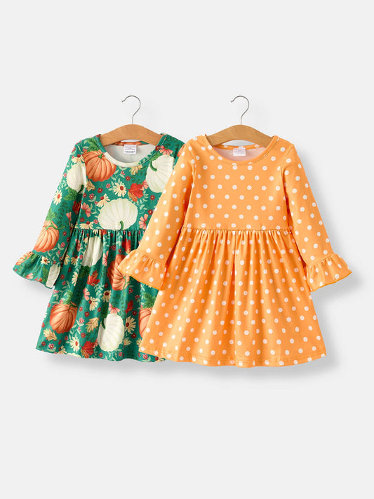 Thanksgiving Day Fall Girls Set Of 2 Pcs In One Package Pumpkin Print Dress