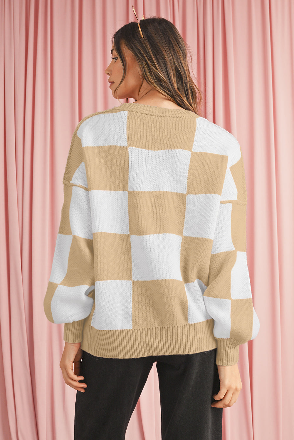 Orange & White Plaid Exposed Seam Bishop Sleeve Sweater