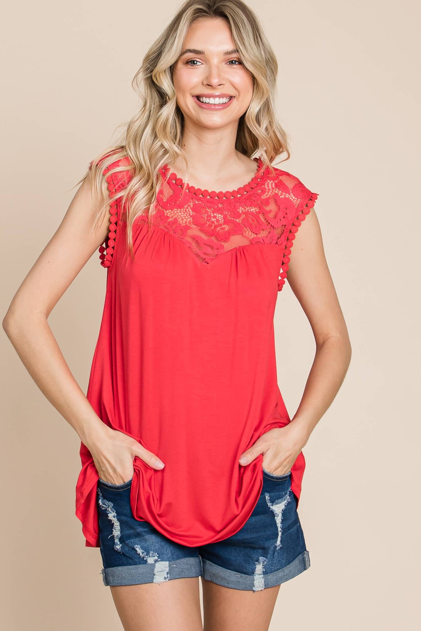 ETK-8814 Solid Top with Lace Contrast Neckline