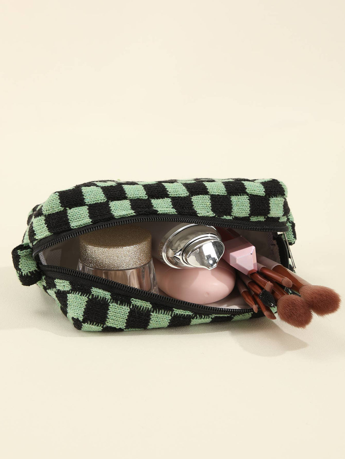 Colorful Checkered travel zipper knit Cosmetic bag