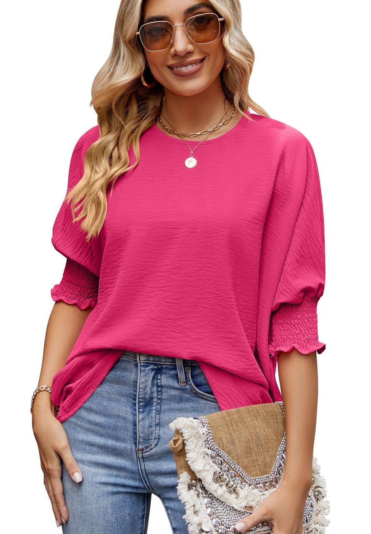 Women's Loose Round Neck 3/4 Sleeve Smocked Cuff Blouse