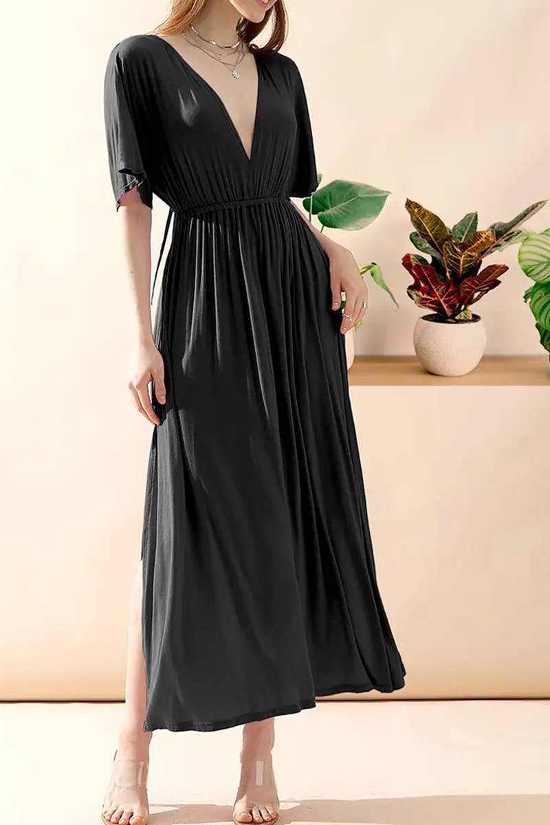 V-Neck Short Sleeve Back Bow Empire Dress