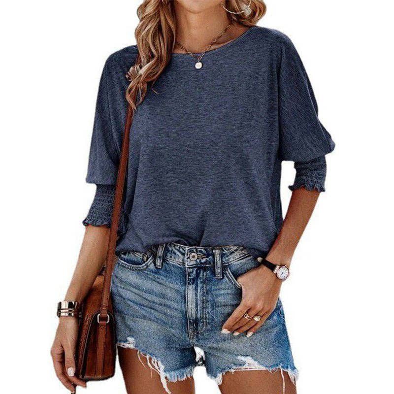 Women's Round Neck Smocked Cuff 3/4 Sleeve Casual Top
