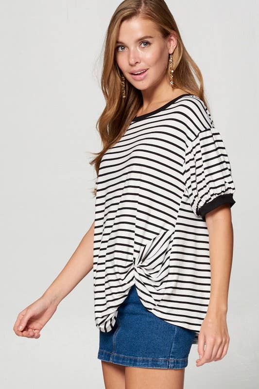 ETK-7615 Striped Bubble Sleeve Side Twist Top