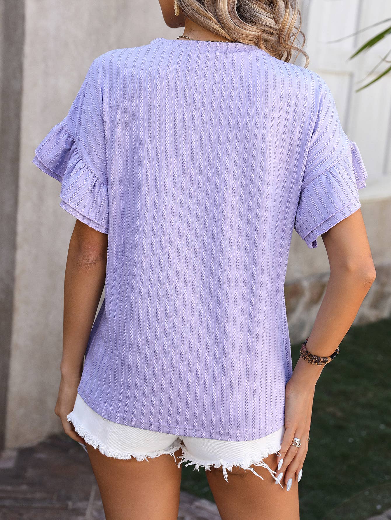 Jacquard Casual loose double ruffle short sleeve blouse