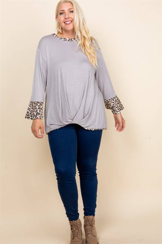 ETK-8183-PL Plus Size Animal Contrast Gathered Hem Top