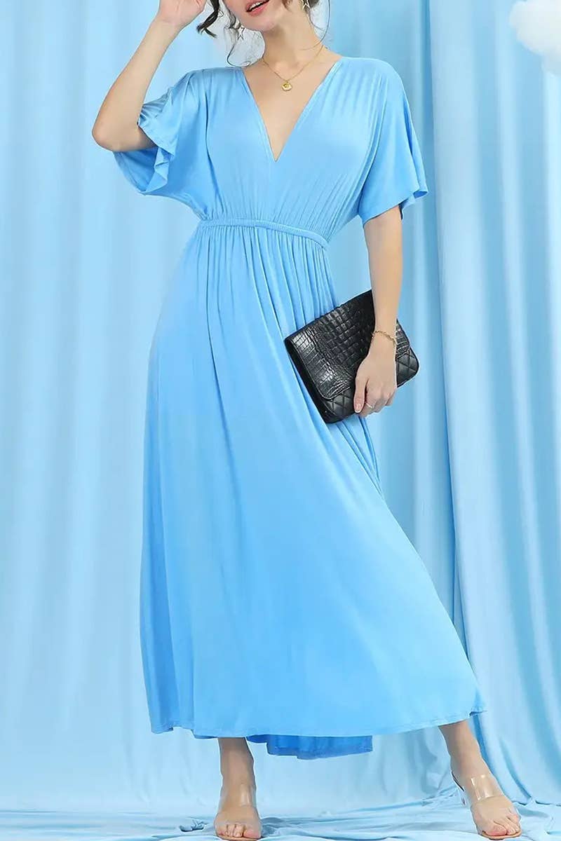 V-Neck Short Sleeve Back Bow Empire Dress
